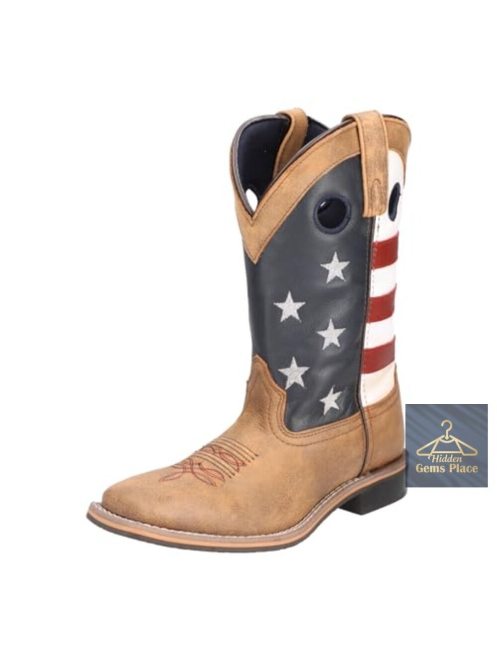 Ladies Western Square Toe Mid-Calf Boots Leather Embroidered Rhinestones Slip-On